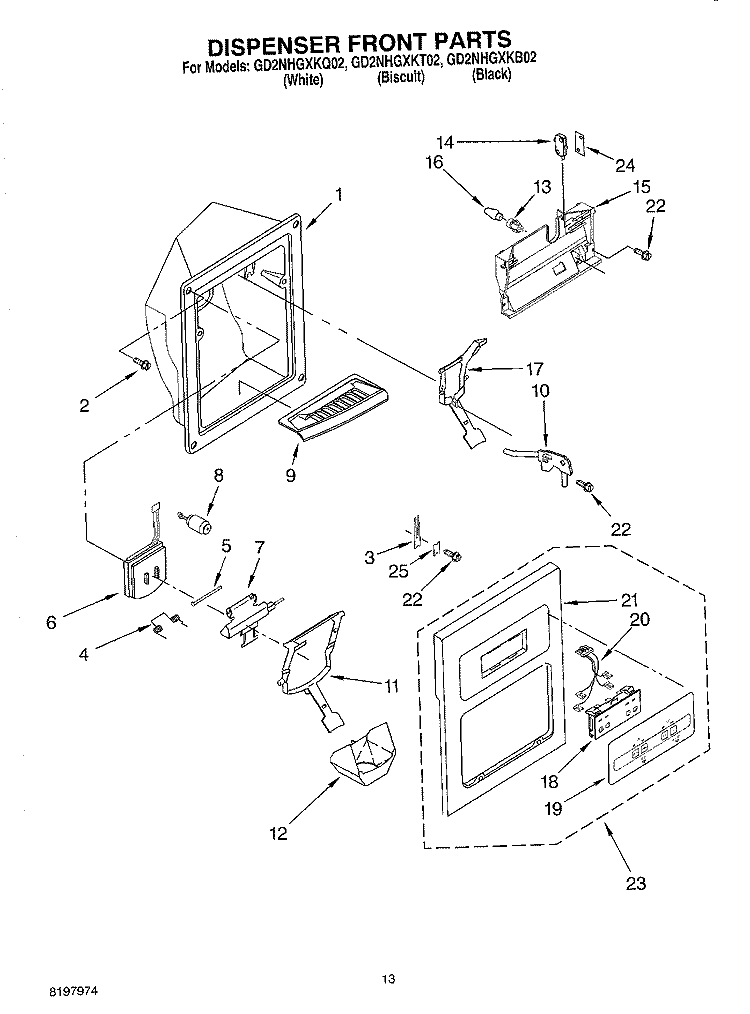DISPENSER FRONT Diagram and Parts List for GD2NHGXKT02  Whirlpool Refrigerator