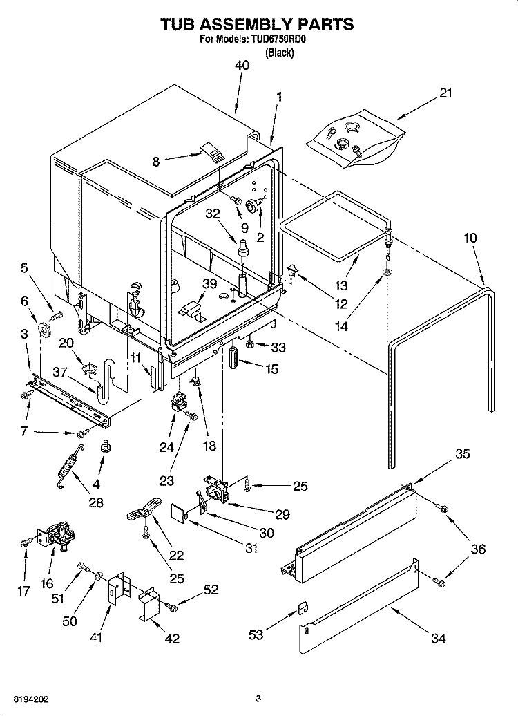 TUB ASSEMBLY PARTS Diagram and Parts List for  Estate Dishwasher
