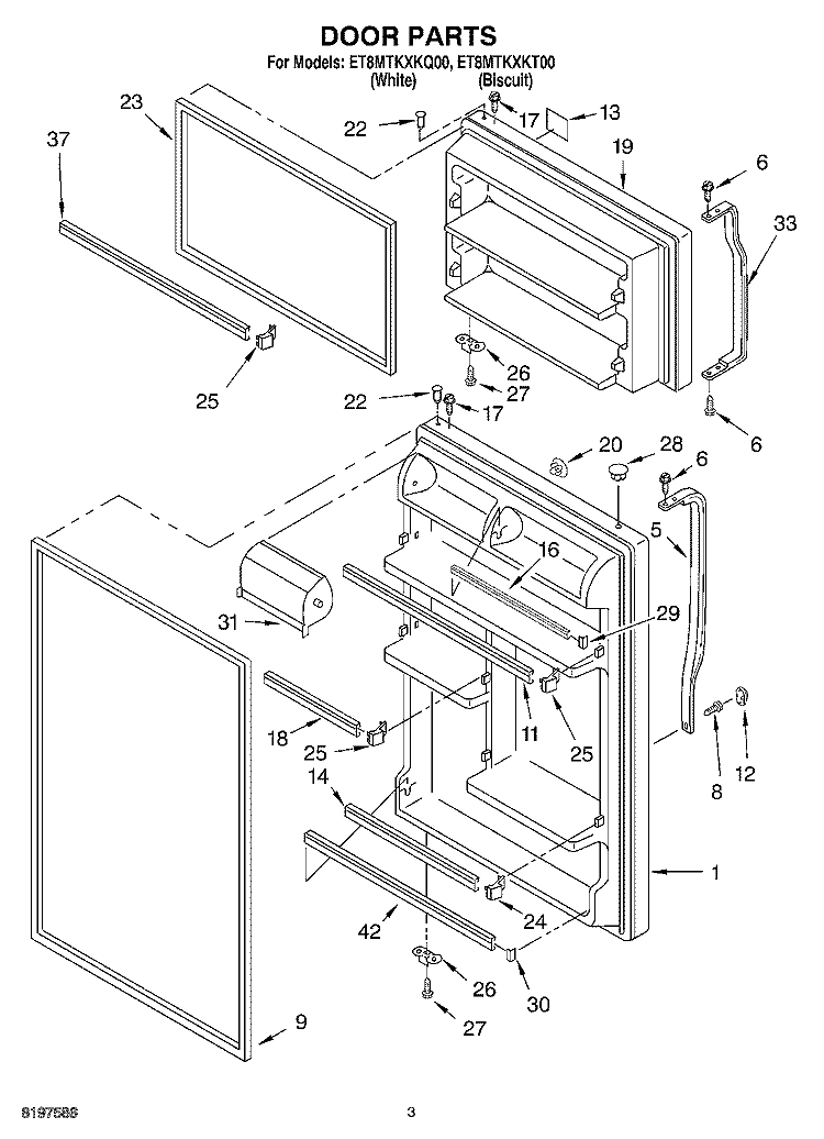 DOOR PARTS Diagram and Parts List for ET8MTKXKQ00  Whirlpool Refrigerator