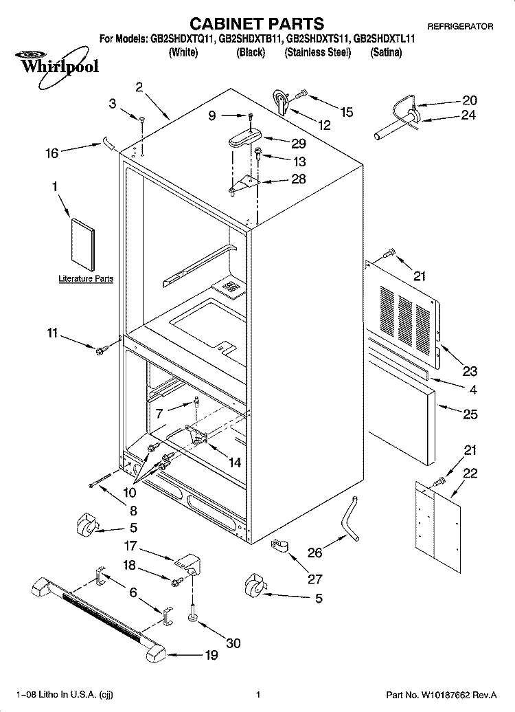 CABINET PARTS Diagram and Parts List for GB2SHDXTQ11  Whirlpool Refrigerator