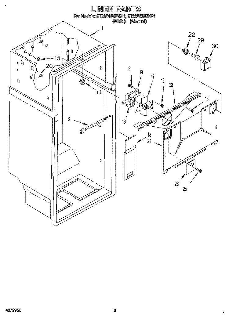 LINER Diagram and Parts List for ET22DMXBW02  Whirlpool Refrigerator