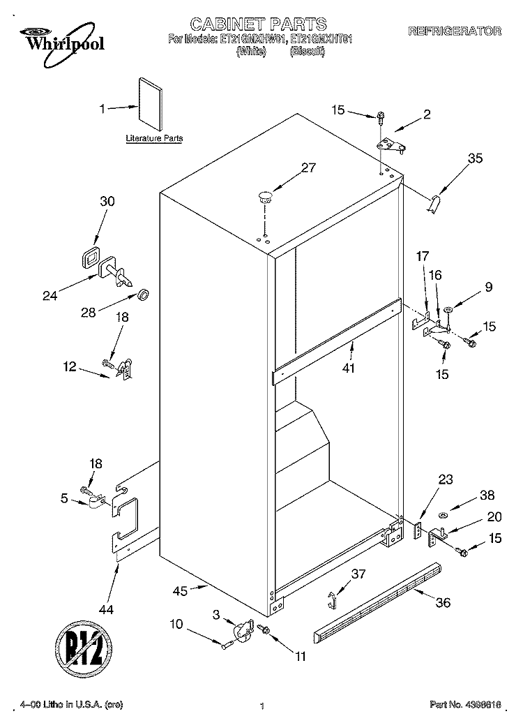 CABINET, LITERATURE Diagram and Parts List for ET21GMXHW01  Whirlpool Refrigerator