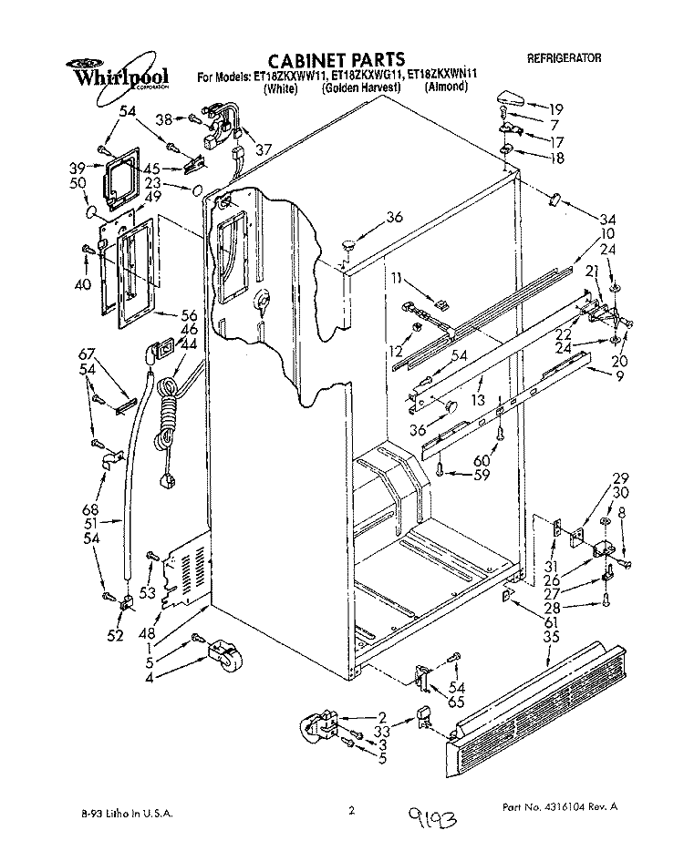CABINET Diagram and Parts List for ET18ZKXWG11  Whirlpool Refrigerator