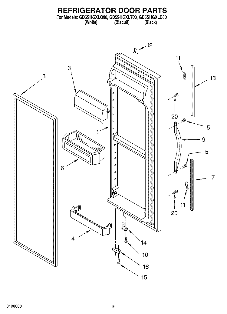 REFRIGERATOR DOOR Diagram and Parts List for GD5SHGXLQ00  Whirlpool Refrigerator