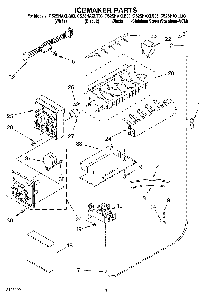 ICE MAKER Diagram and Parts List for GS2SHAXLL03  Whirlpool Refrigerator