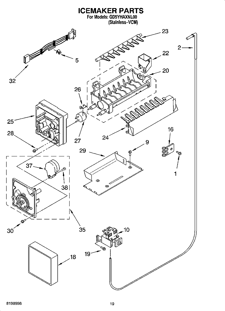 ICEMAKER PARTS Diagram and Parts List for GD5YHAXNL00  Whirlpool Refrigerator