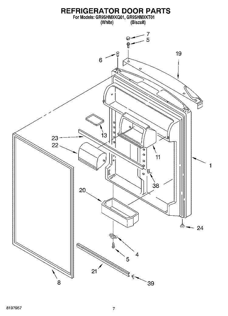 REFRIGERATOR DOOR Diagram and Parts List for GR9SHMXKT01  Whirlpool Refrigerator