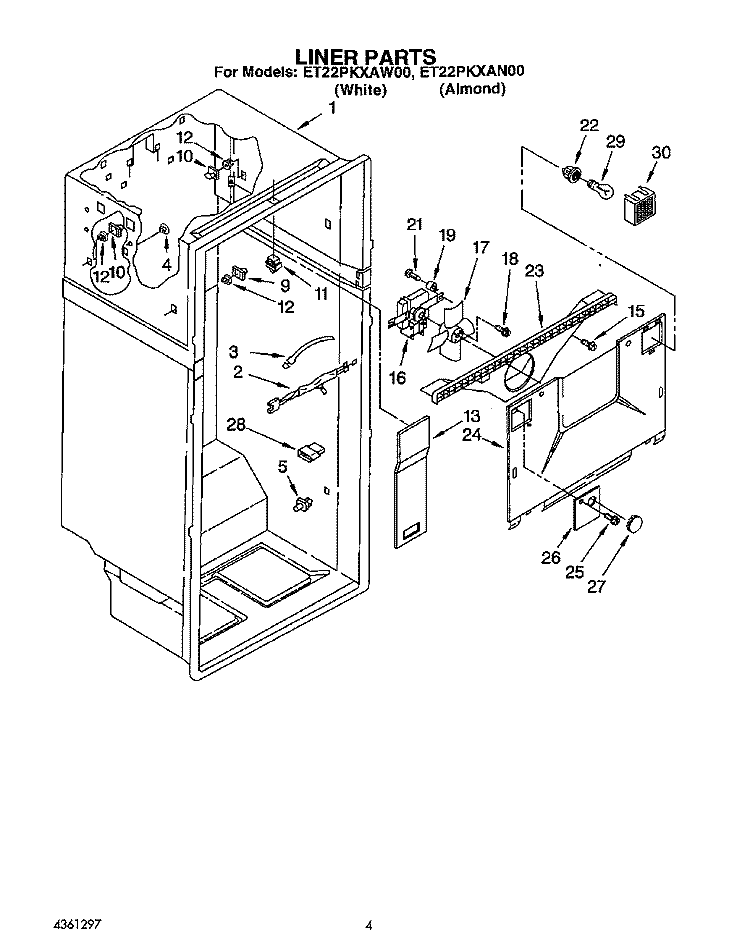 LINER Diagram and Parts List for ET22PKXAW00  Whirlpool Refrigerator