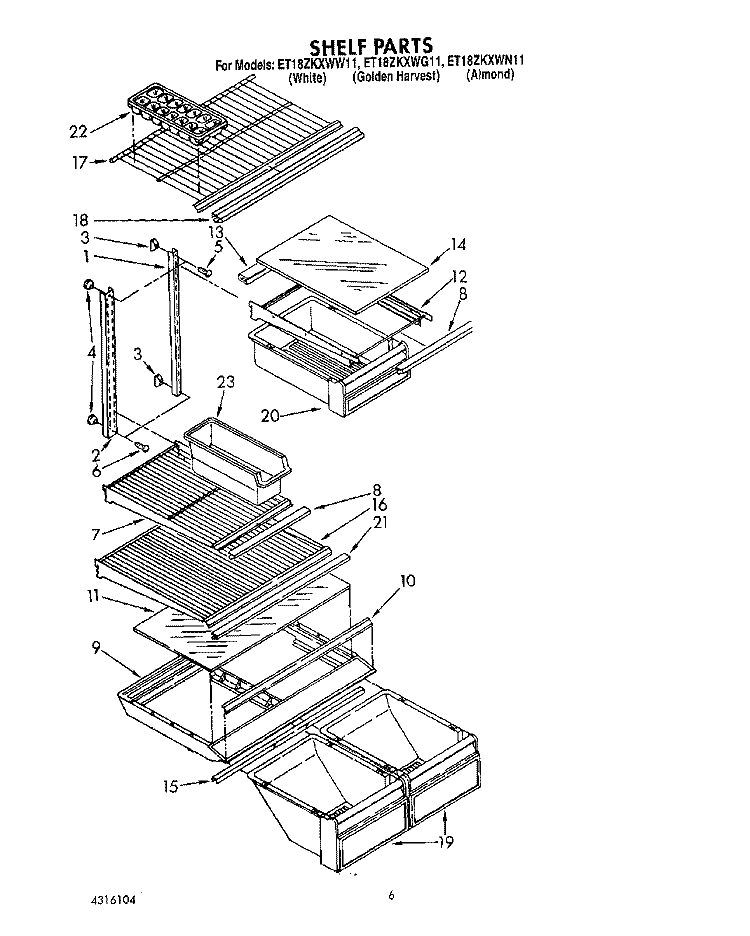 SHELF Diagram and Parts List for ET18ZKXWG11  Whirlpool Refrigerator