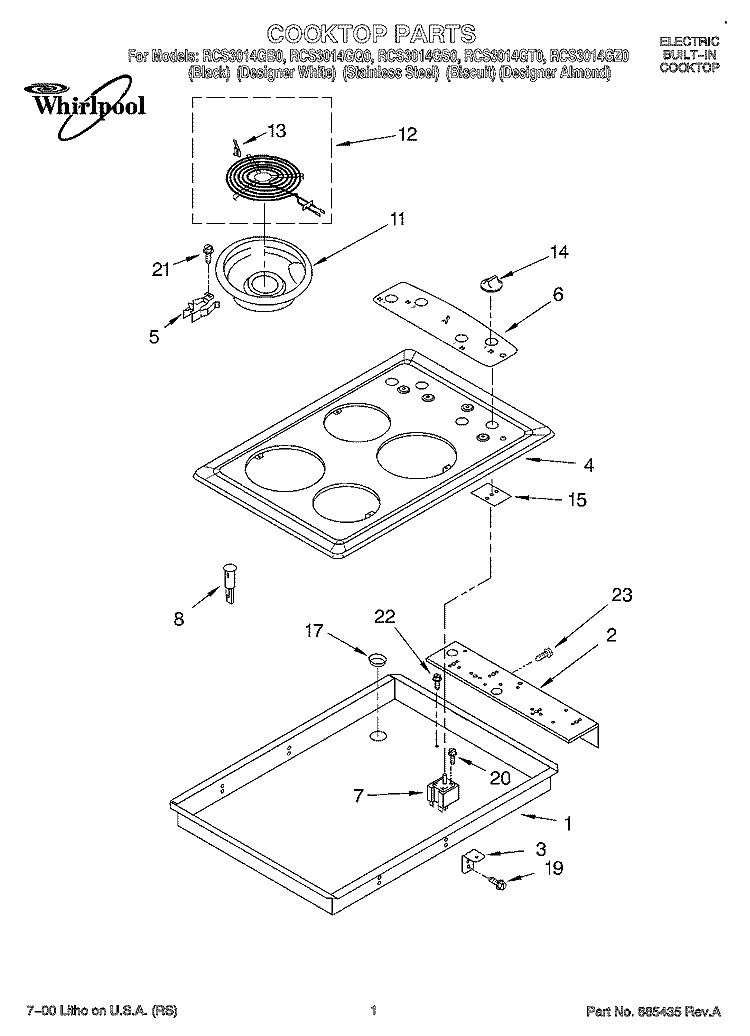 SECTION Diagram and Parts List for  Whirlpool Cooktop