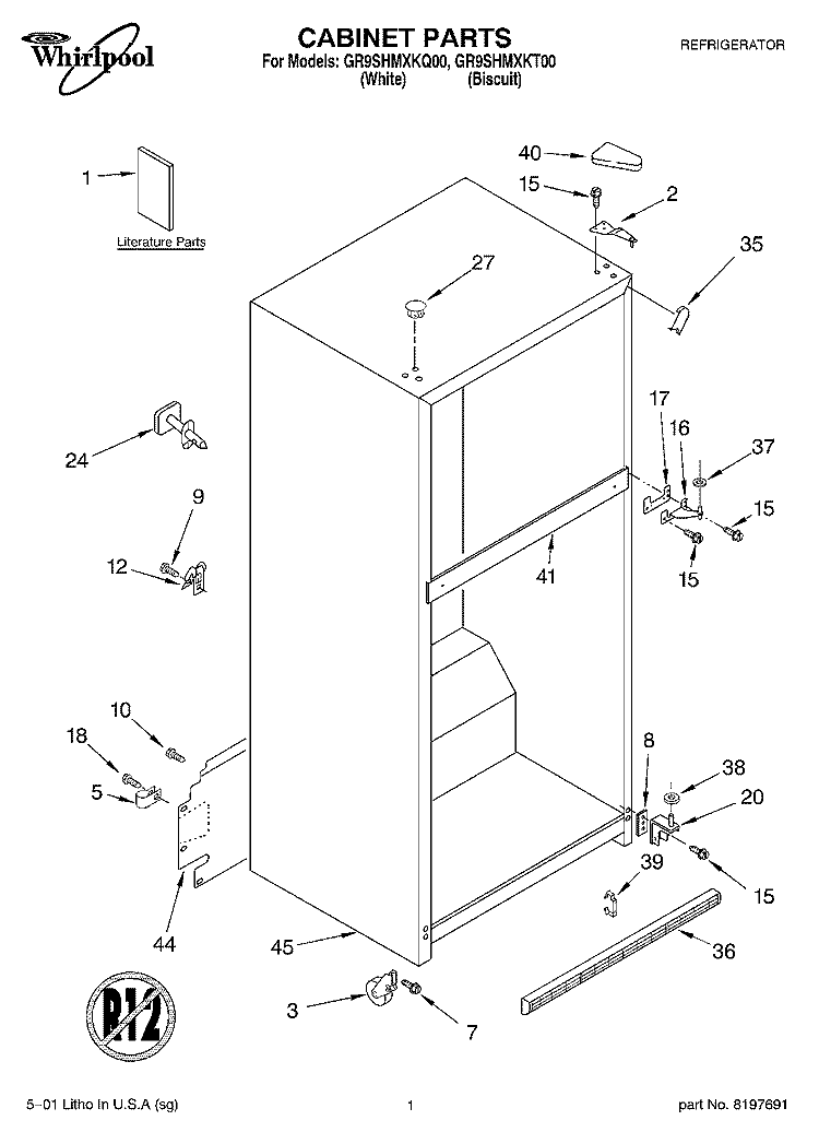 CABINET, LITERATURE Diagram and Parts List for GR9SHMXKQ00  Whirlpool Refrigerator