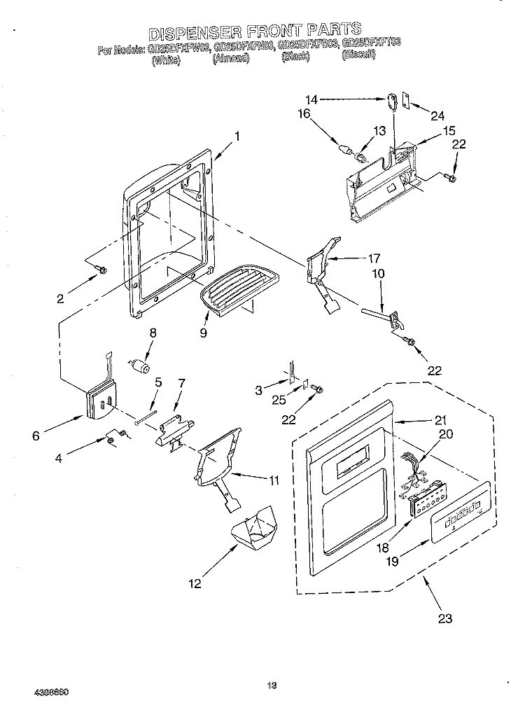 DISPENSER FRONT Diagram and Parts List for GD25DFXFB03  Whirlpool Refrigerator