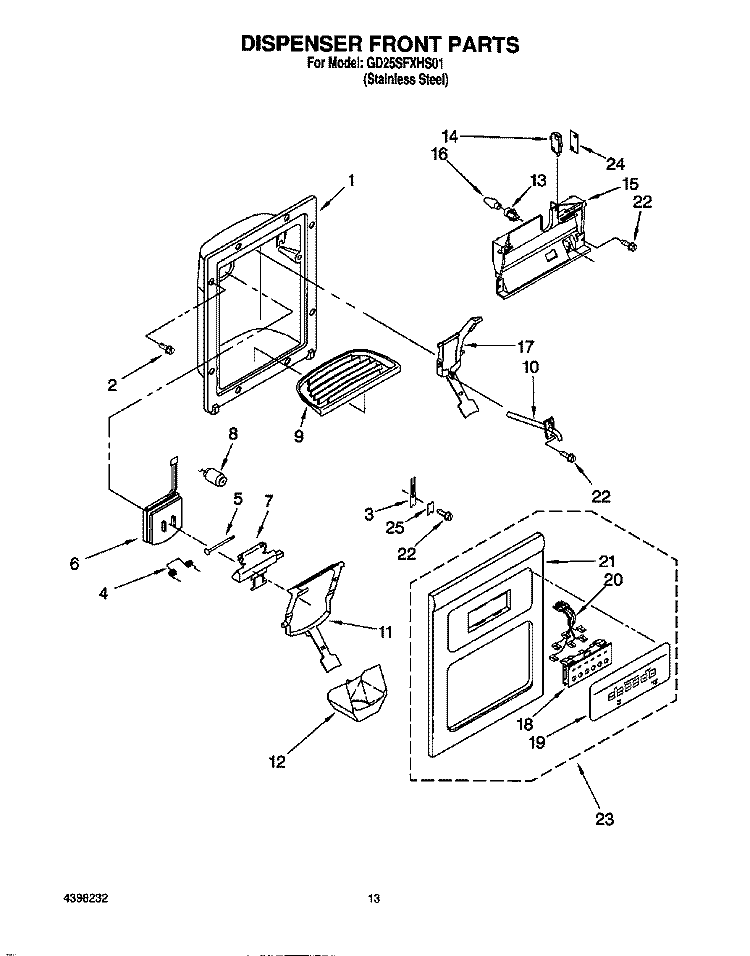 DISPENSER FRONT Diagram and Parts List for GD25SFXHS01  Whirlpool Refrigerator