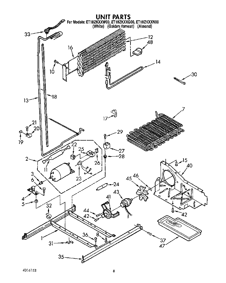 UNIT Diagram and Parts List for ET18ZKXXG00  Whirlpool Refrigerator