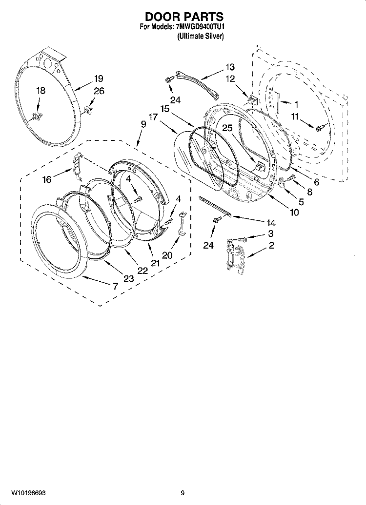 DOOR PARTS, OPTIONAL PARTS (NOT INCLUDED) Diagram and Parts List for  Whirlpool Dryer