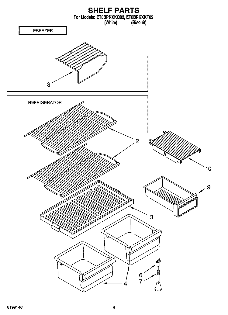 SHELF PARTS, OPTIONAL PARTS Diagram and Parts List for ET8BPKXKT02  Whirlpool Refrigerator