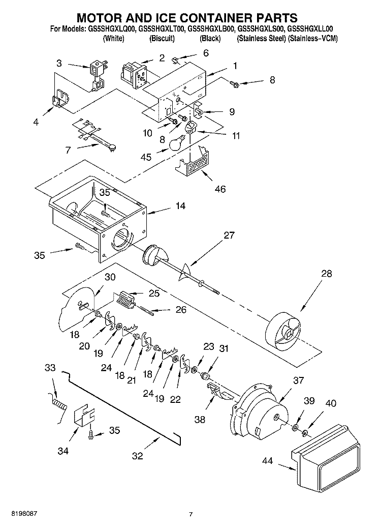 MOTOR AND ICE CONTAINER Diagram and Parts List for GS5SHGXLS00  Whirlpool Refrigerator