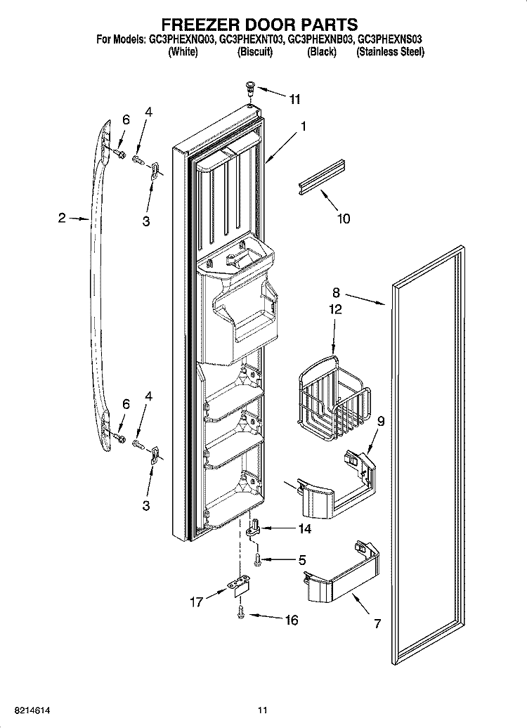 FREEZER DOOR PARTS Diagram and Parts List for GC3PHEXNT03  Whirlpool Refrigerator