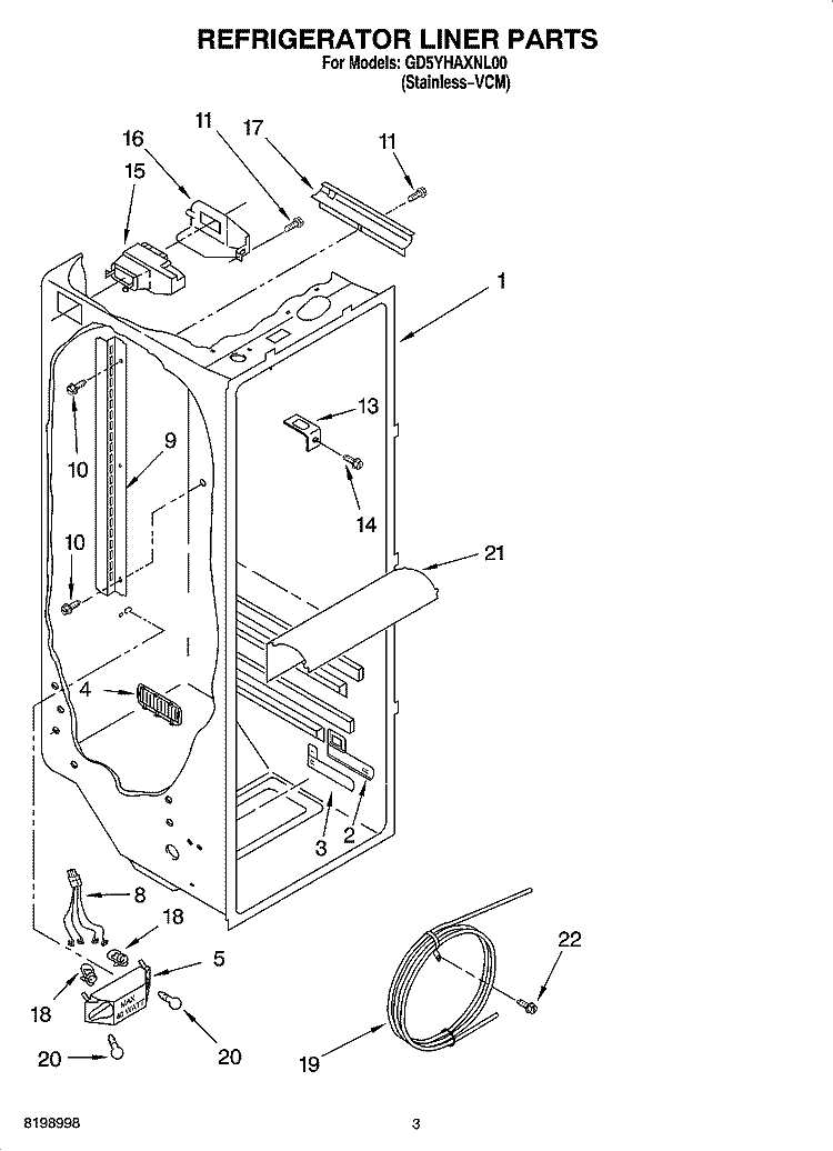 REFRIGERATOR LINER PARTS Diagram and Parts List for GD5YHAXNL00  Whirlpool Refrigerator
