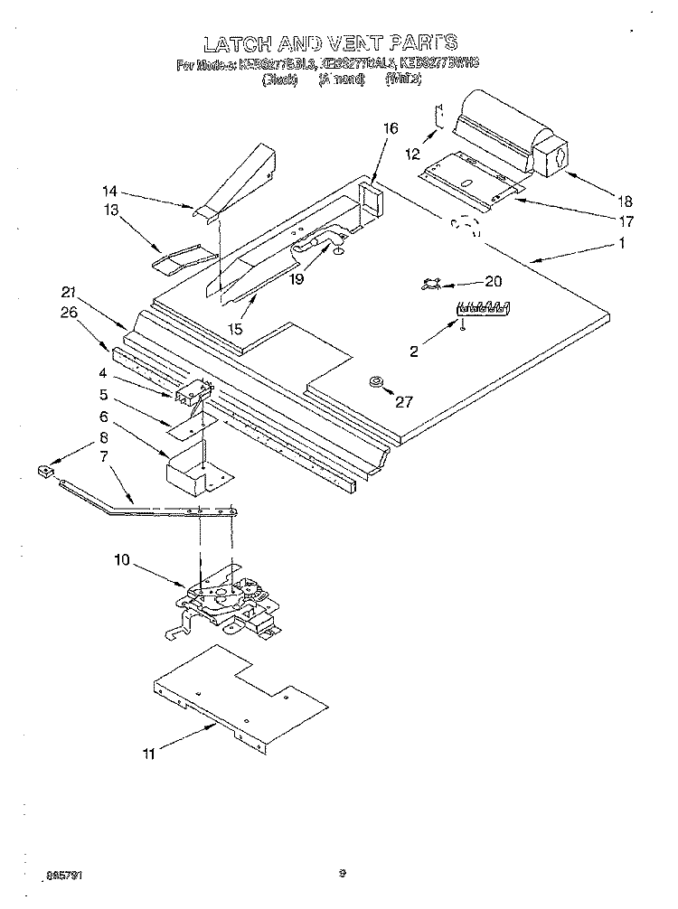 LATCH AND VENT Diagram and Parts List for KEBS277BBL3  KitchenAid Wall Oven
