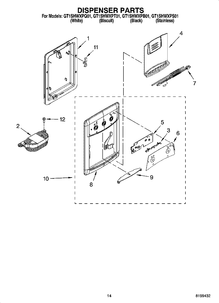 DISPENSER PARTS, OPTIONAL PARTS Diagram and Parts List for GT1SHWXPT01  Whirlpool Refrigerator