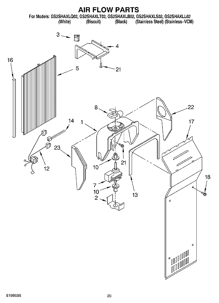 AIR FLOW, OPTIONAL Diagram and Parts List for GS2SHAXLB02  Whirlpool Refrigerator