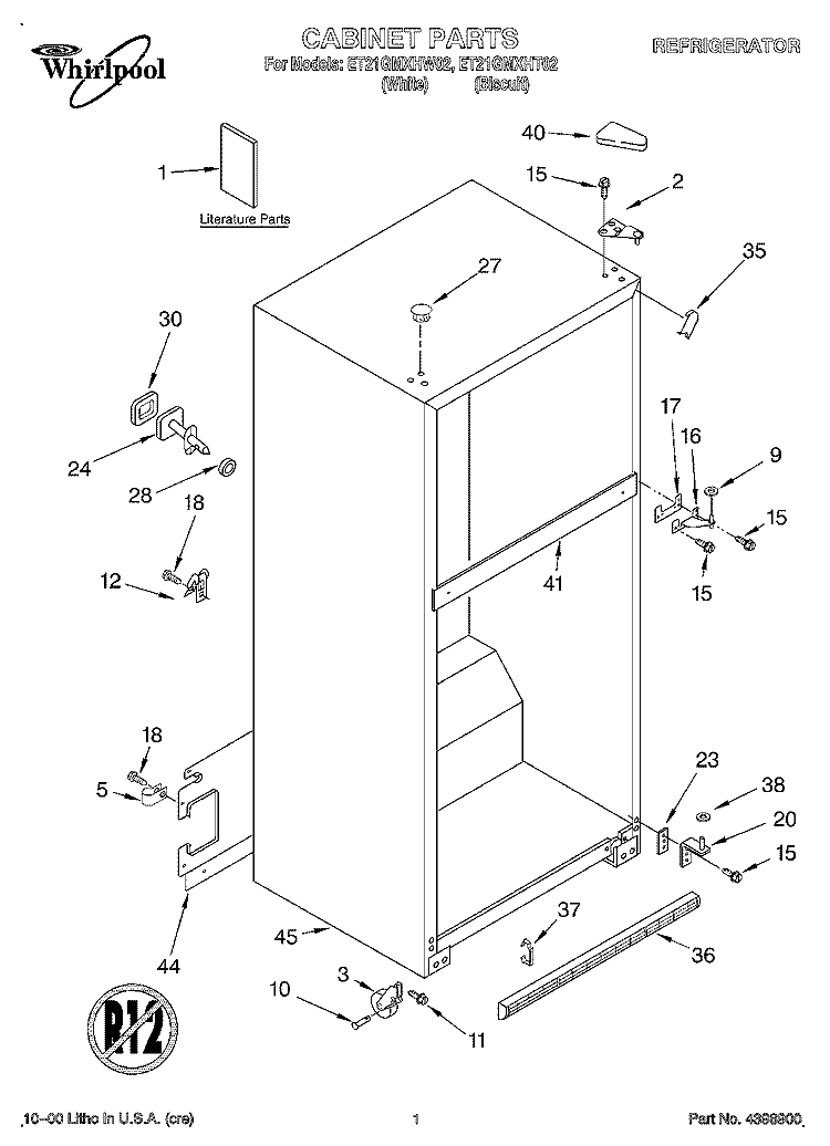 CABINET, LITERATURE Diagram and Parts List for ET21GMXHW02  Whirlpool Refrigerator