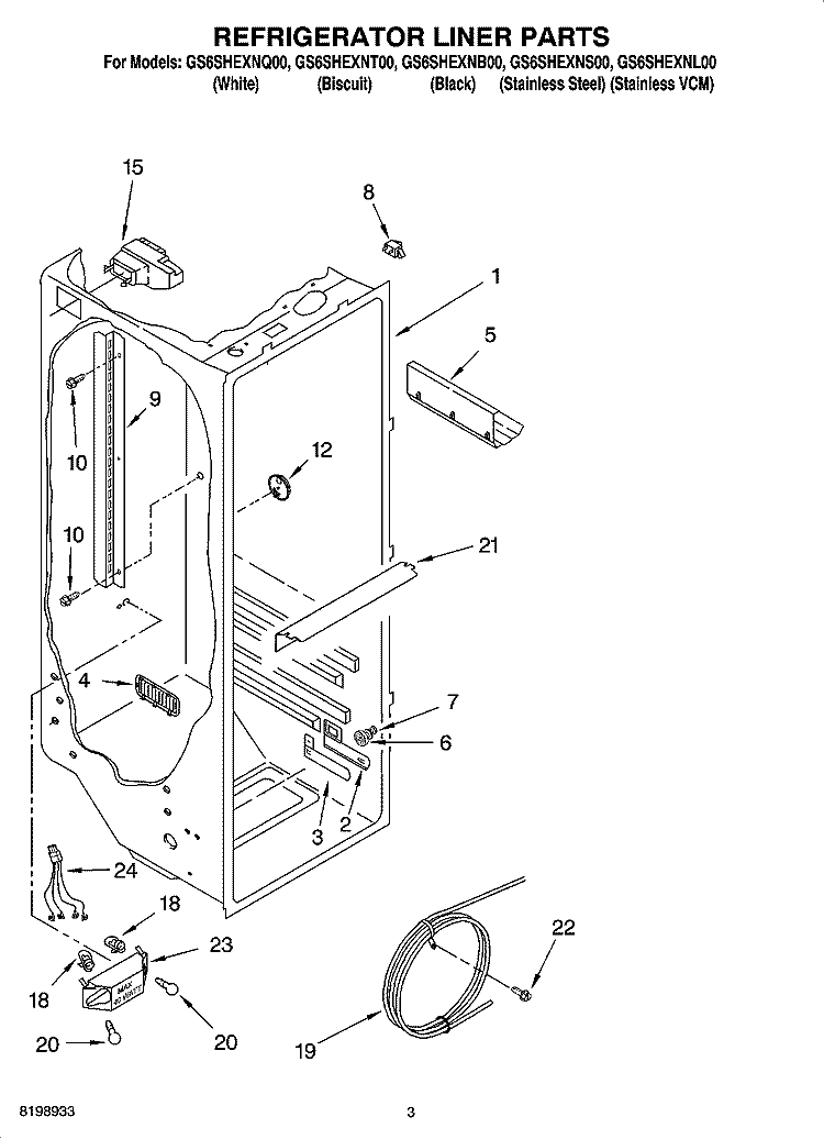 REFRIGERATOR LINER PARTS Diagram and Parts List for GS6SHEXNB00  Whirlpool Refrigerator