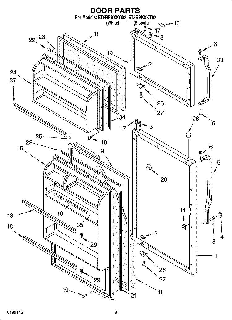 DOOR PARTS Diagram and Parts List for ET8BPKXKT02  Whirlpool Refrigerator