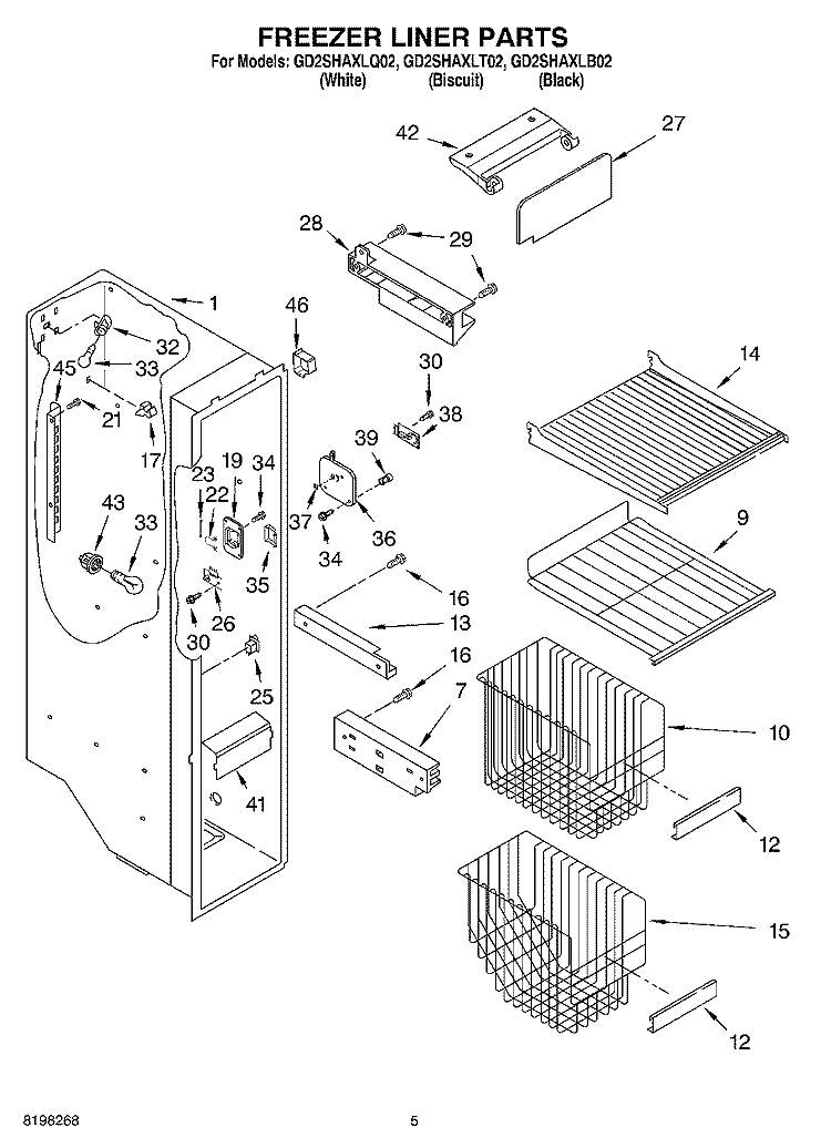 FREEZER LINER Diagram and Parts List for GD2SHAXLT02  Whirlpool Refrigerator