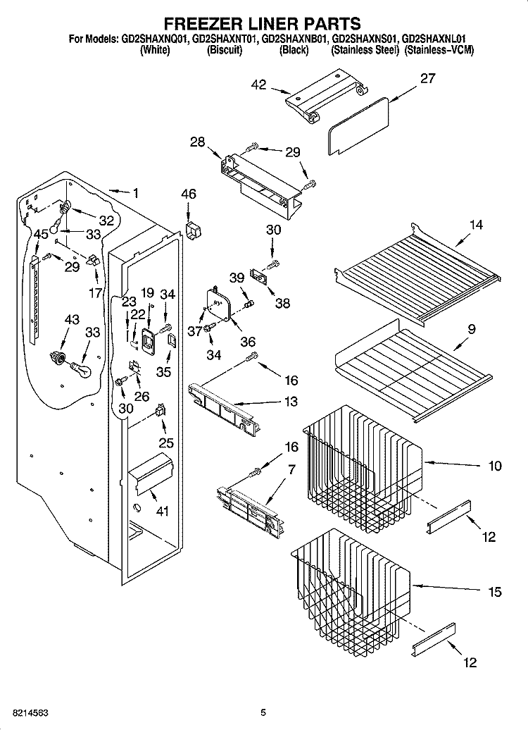 FREEZER LINER PARTS Diagram and Parts List for GD2SHAXNL01  Whirlpool Refrigerator