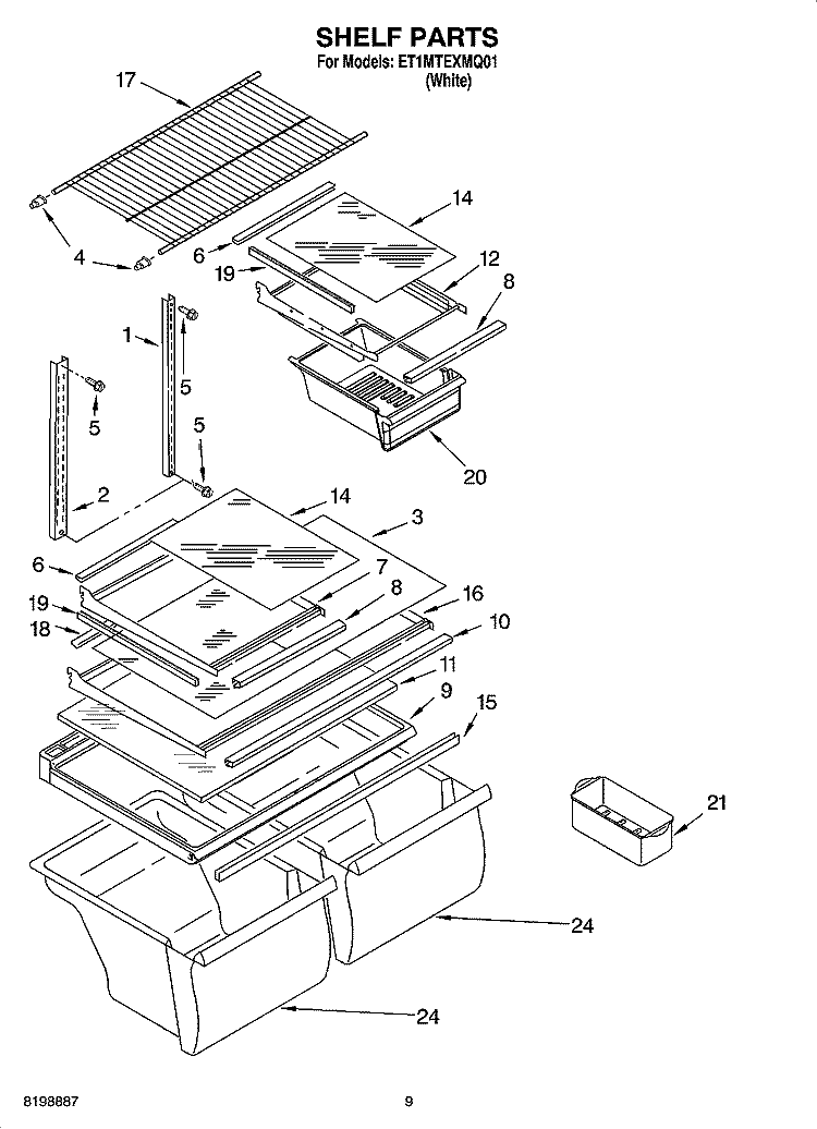 SHELF PARTS, OPTIONAL PARTS Diagram and Parts List for ET1MTEXMQ01  Whirlpool Refrigerator