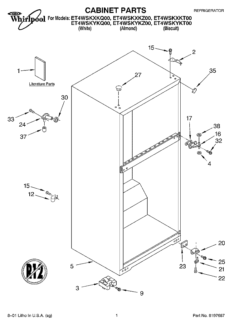 CABINET, LITERATURE Diagram and Parts List for ET4WSKYKT00  Whirlpool Refrigerator