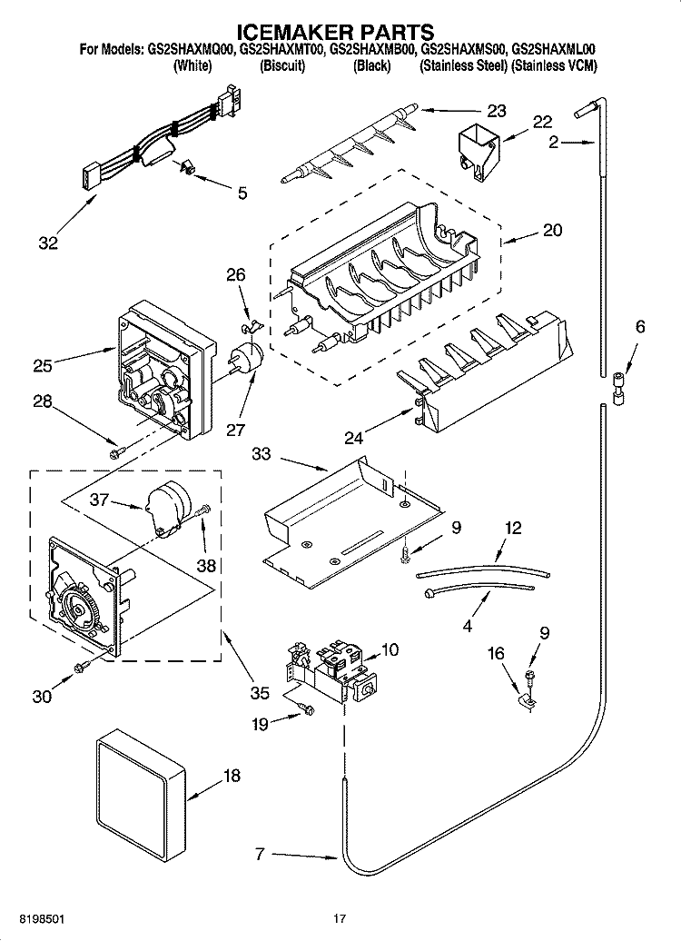 ICEMAKER PARTS Diagram and Parts List for GS2SHAXMB00  Whirlpool Refrigerator