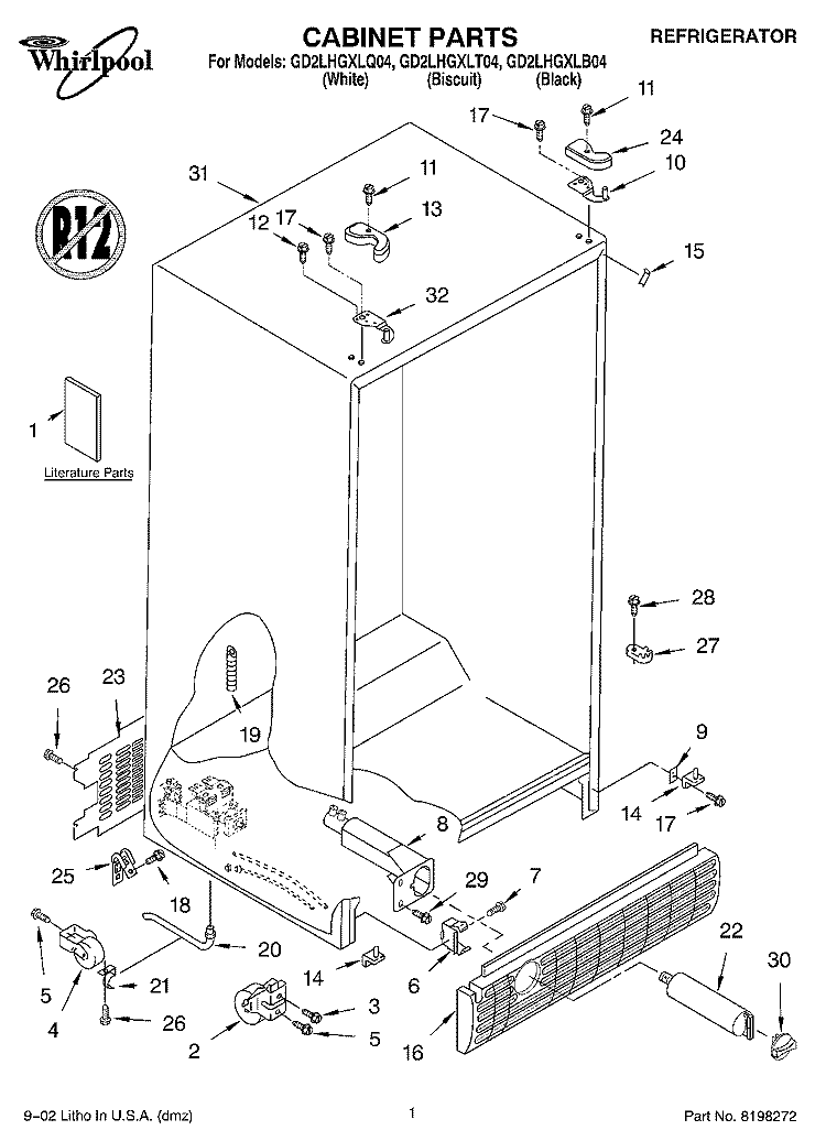 CABINET, LITERATURE Diagram and Parts List for GD2LHGXLQ04  Whirlpool Refrigerator