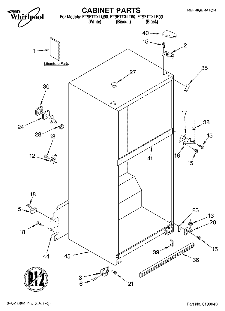 CABINET, LITERATURE Diagram and Parts List for ET9FTTXLQ00  Whirlpool Refrigerator