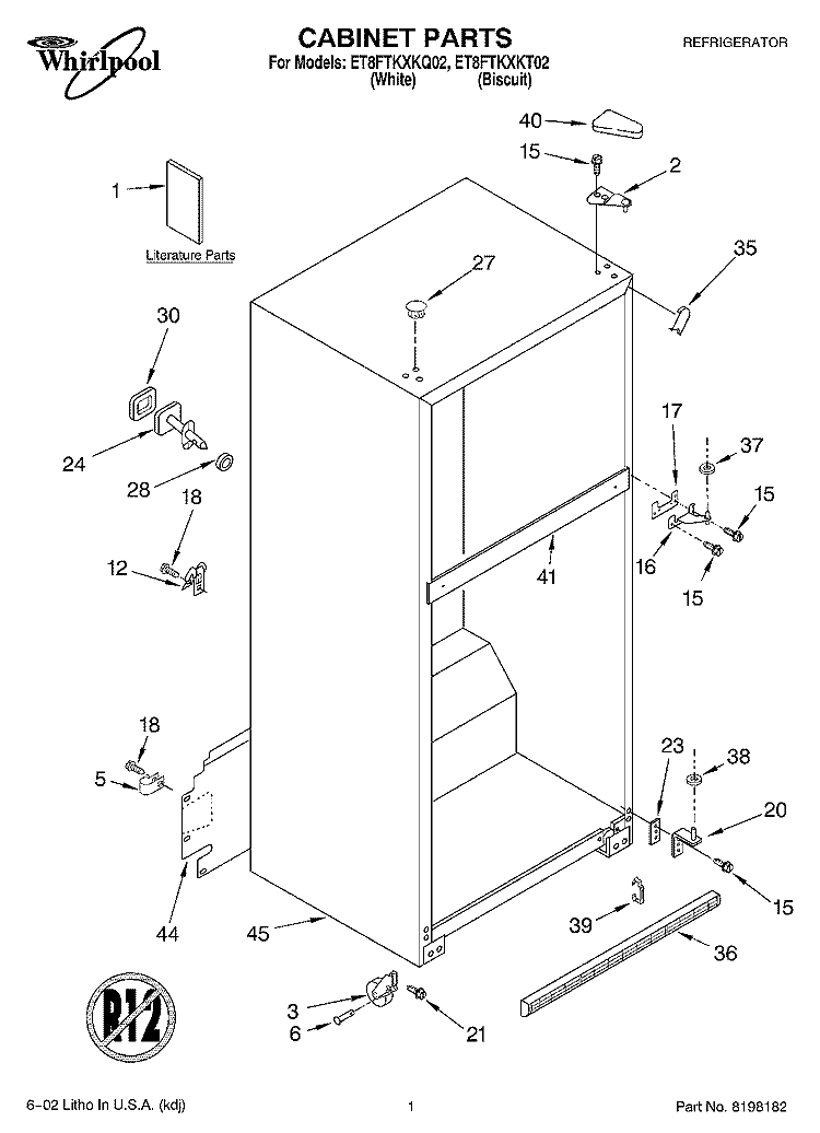 CABINET, LITERATURE Diagram and Parts List for ET8FTKXKT02  Whirlpool Refrigerator