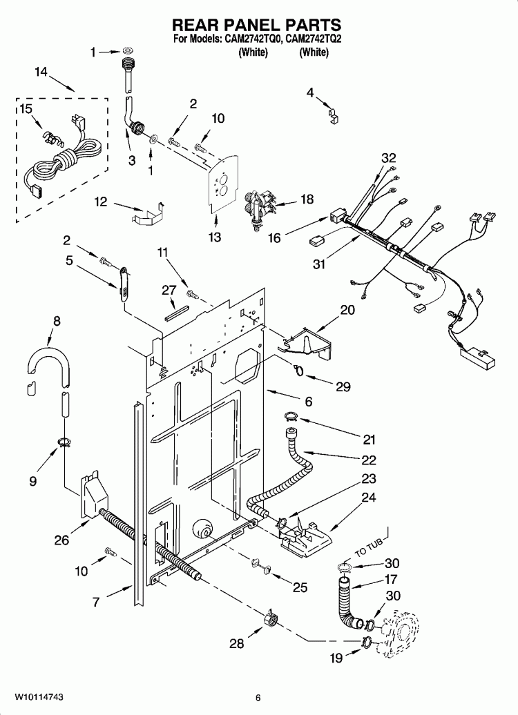 REAR PANEL PARTS Diagram and Parts List for  Whirlpool Washer