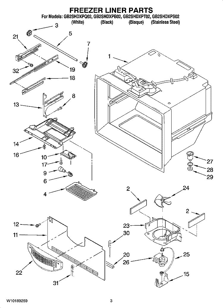 FREEZER LINER PARTS Diagram and Parts List for GB2SHDXPB02  Whirlpool Refrigerator