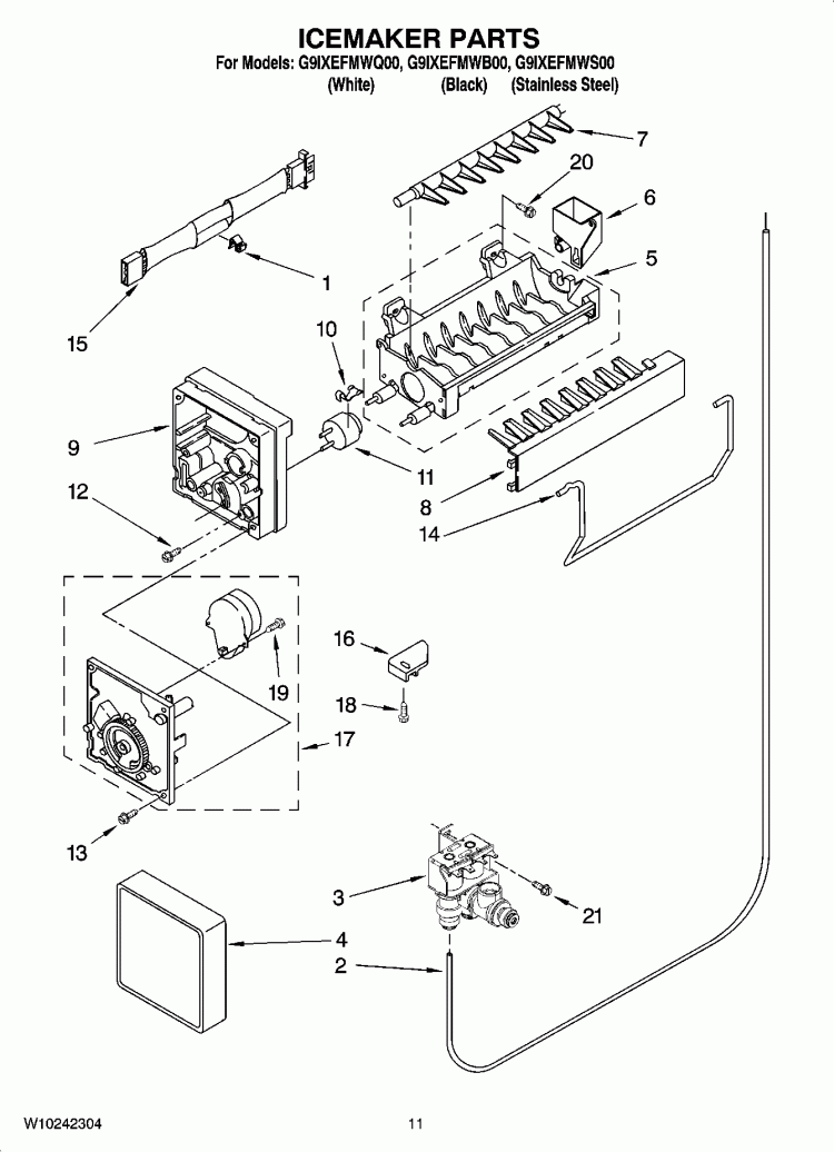 ICEMAKER PARTS Diagram and Parts List for G9IXEFMWB00  Whirlpool Refrigerator