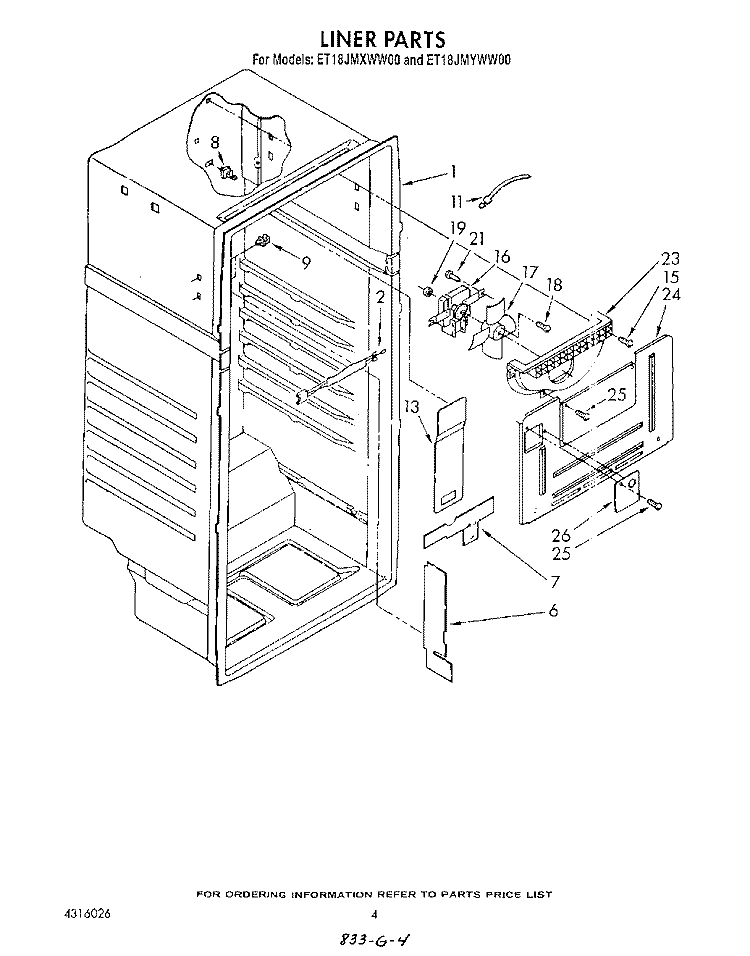 LINER Diagram and Parts List for ET18JMXWN00  Whirlpool Refrigerator