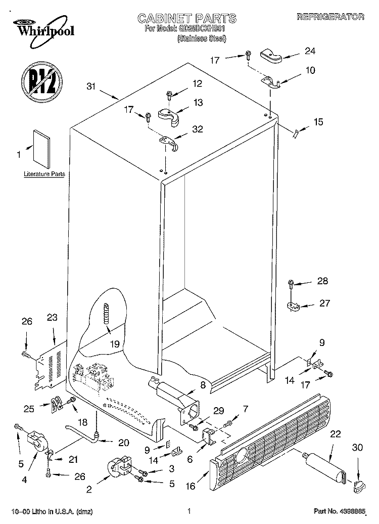 CABINET, LITERATURE Diagram and Parts List for GD25DCXHS01  Whirlpool Refrigerator