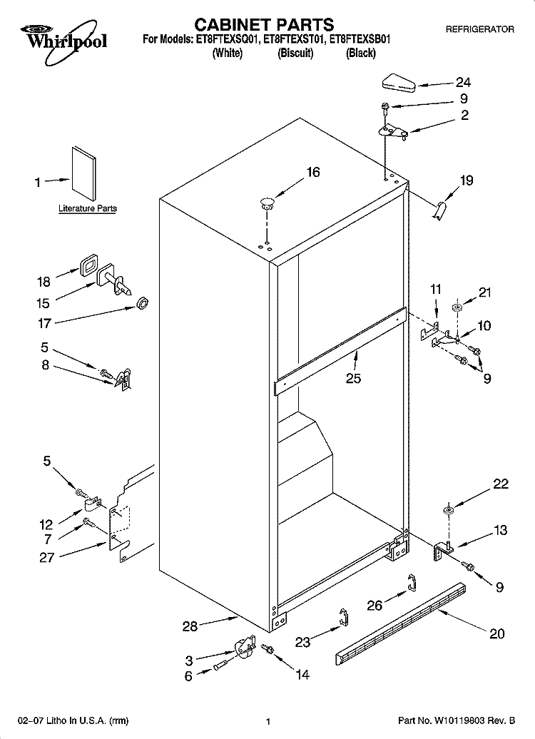 CABINET PARTS Diagram and Parts List for ET8FTEXST01  Whirlpool Refrigerator
