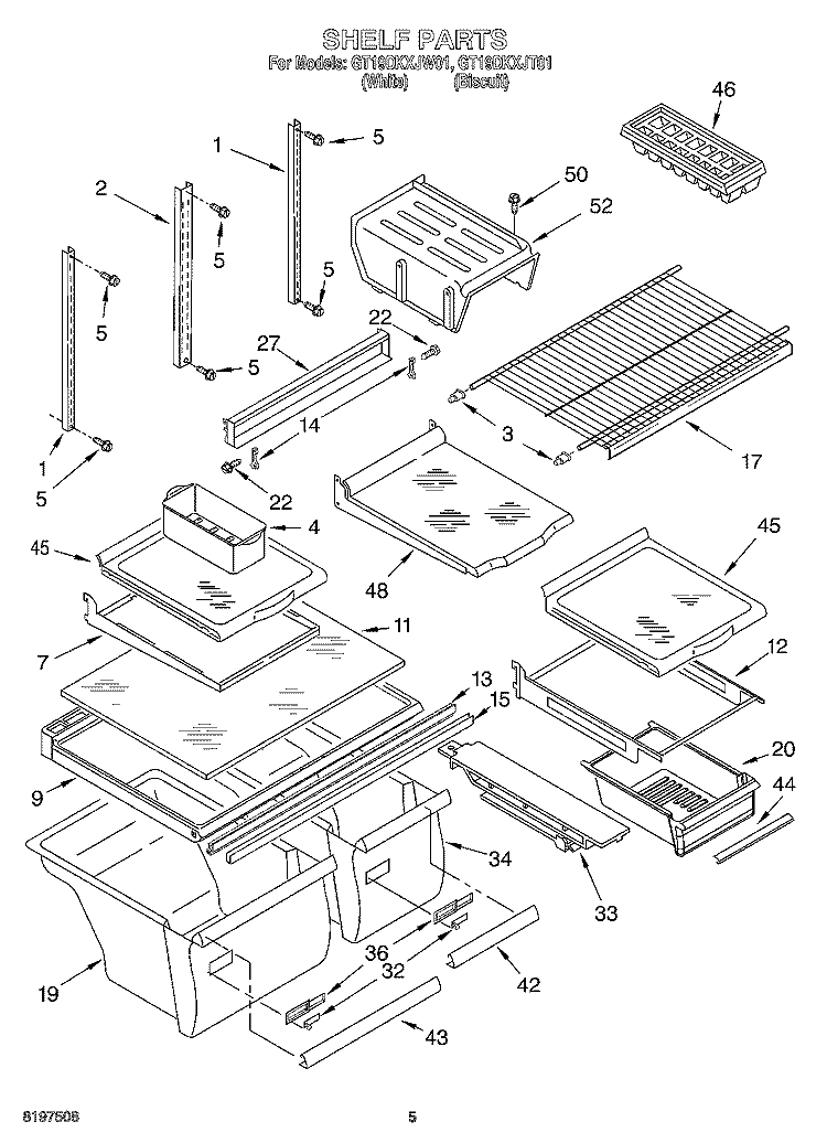 SHELF Diagram and Parts List for GT19DKXJW01  Whirlpool Refrigerator