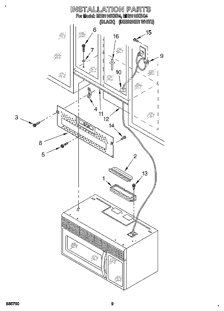 INSTALLATION Diagram and Parts List for  Whirlpool Microwave