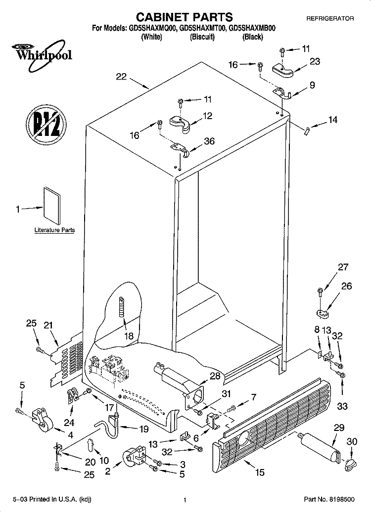 CABINET PARTS Diagram and Parts List for GD5SHAXMB00  Whirlpool Refrigerator