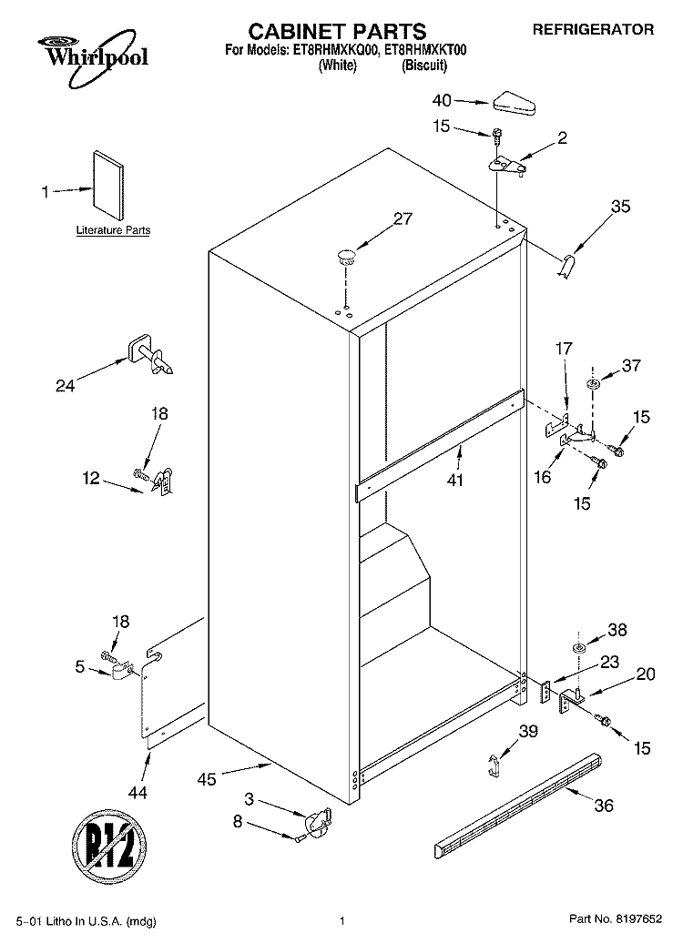 CABINET, LITERATURE Diagram and Parts List for ET8RHMXKQ00  Whirlpool Refrigerator