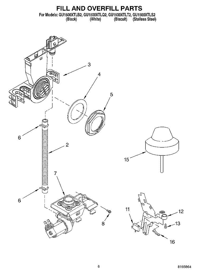 FILL AND OVERFILL PARTS Diagram and Parts List for  Whirlpool Dishwasher