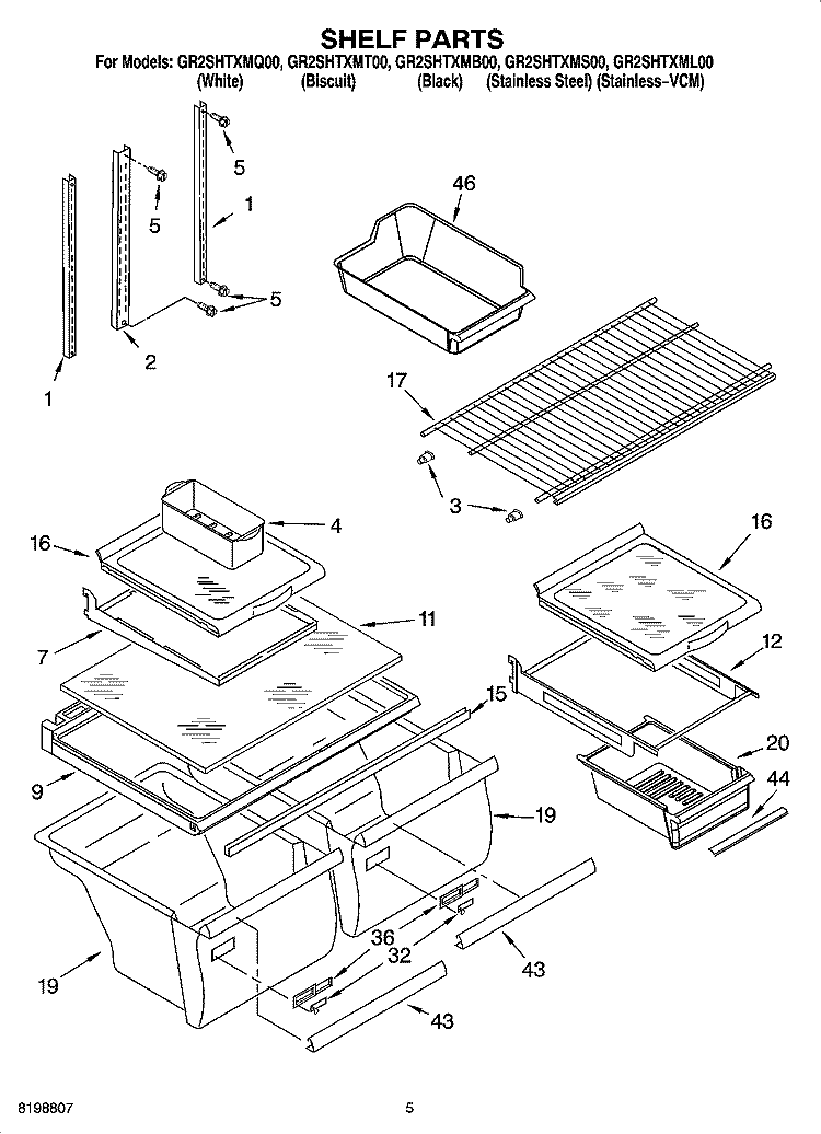 SHELF PARTS Diagram and Parts List for GR2SHTXMB00  Whirlpool Refrigerator