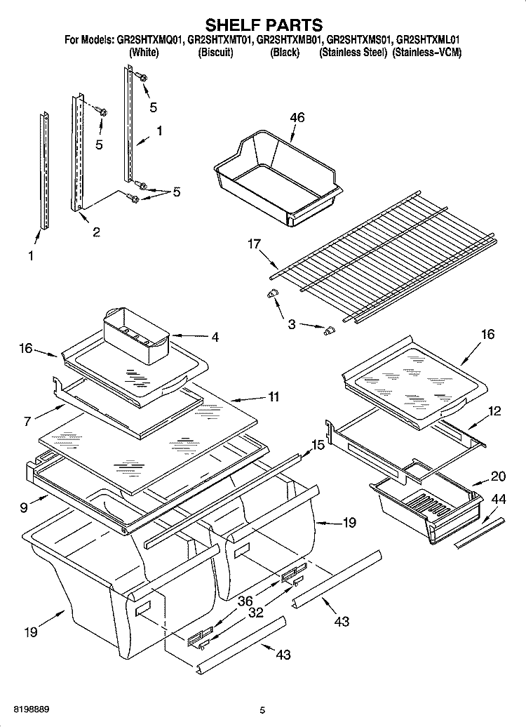 SHELF PARTS Diagram and Parts List for GR2SHTXMB01  Whirlpool Refrigerator
